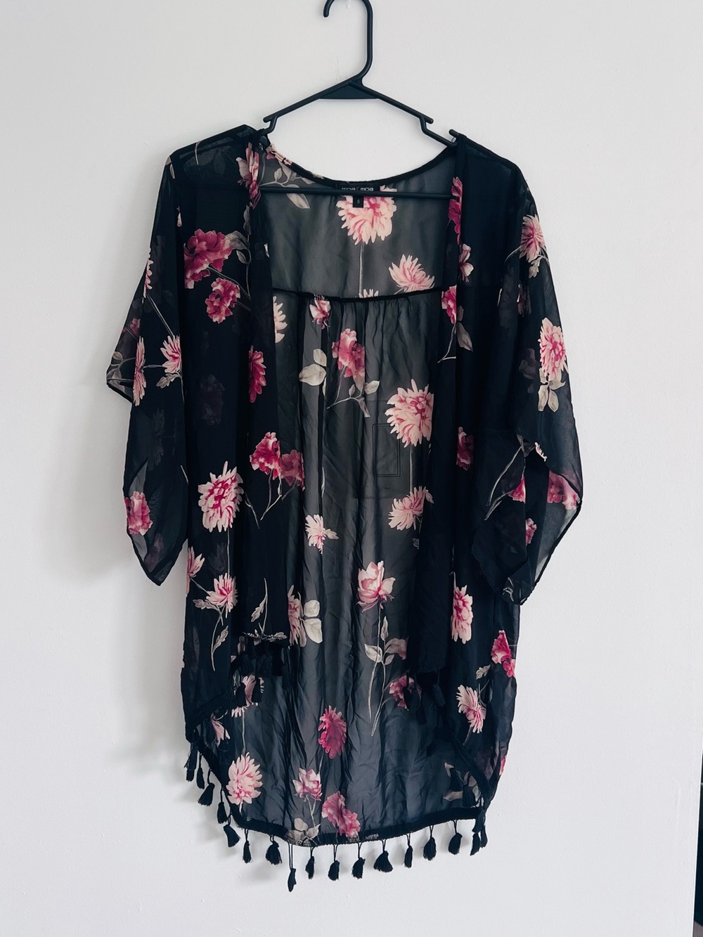 Moa Moa Black Sheer Floral Kimono with Pink Blooms